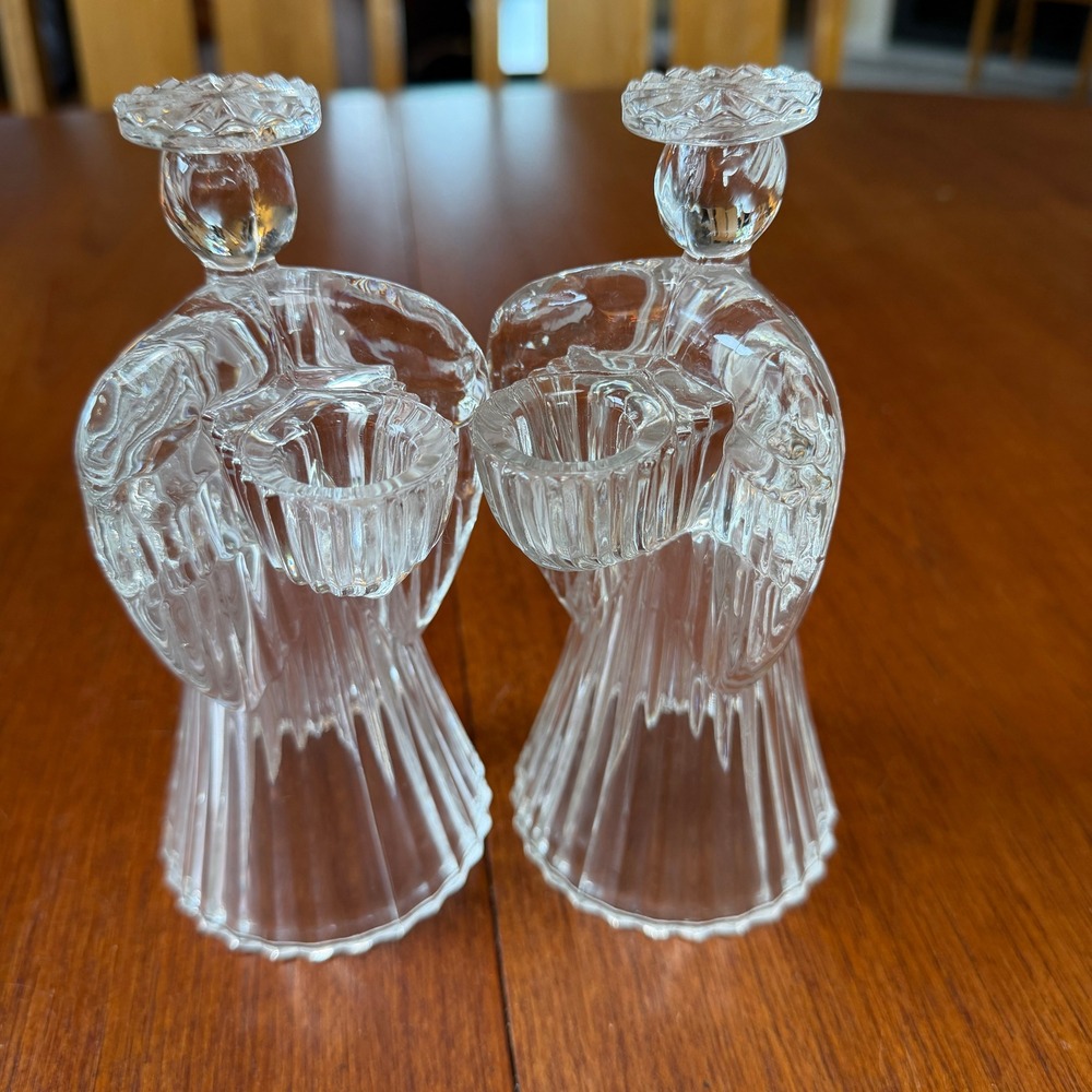 TWO VTG  Clear Glass Praying Angel Taper Candle Holders Ribbed Base Christmas
